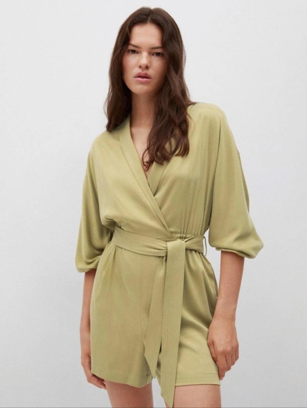 Mango Olive Green Wrap Romper with Tie Waist